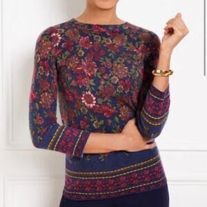 Talbots Floral Cashmere Sweater Navy Burgundy XL NWT